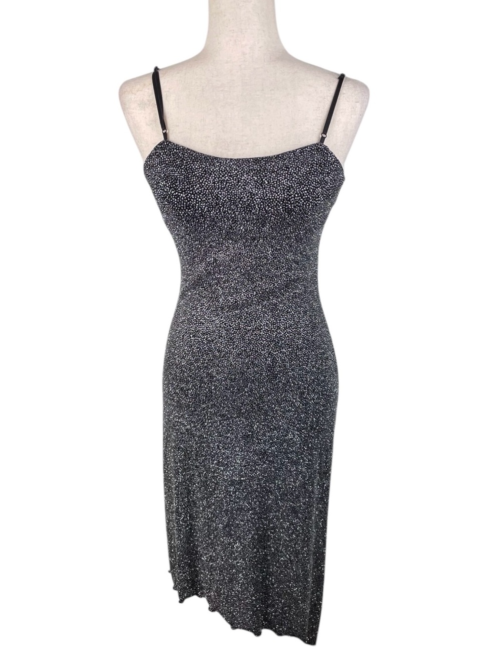 Vintage 90s Y2K City Triangles Sparkly Slip Dress Medium Black Silver Fairycore